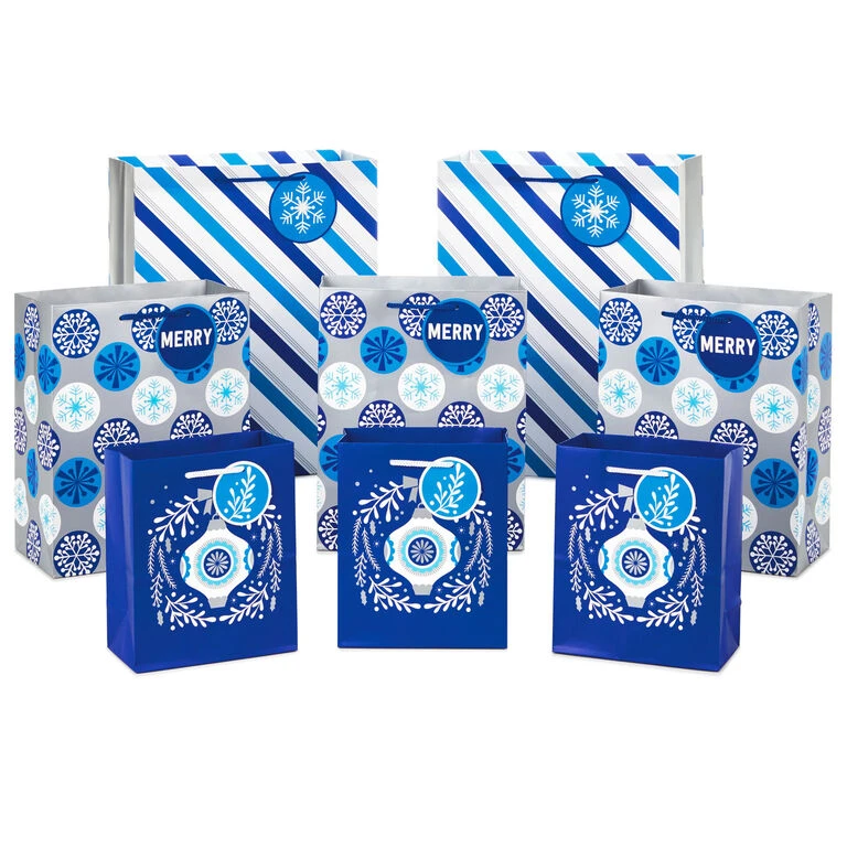 Hallmark Blue And Silver 8-Pack Holiday Gift Bags, Assorted Sizes And Designs