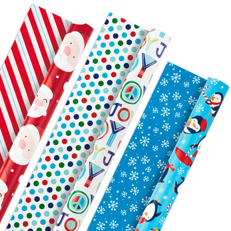 Hallmark Bright Joy 3-Pack Kids Reversible Christmas Wrapping Paper Assortment, 120 Sq. Ft.