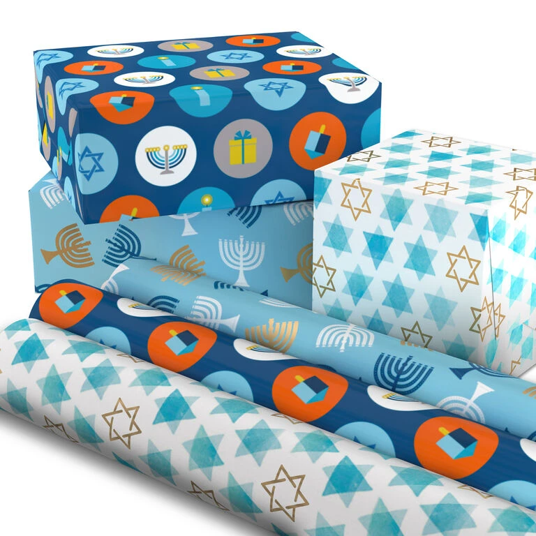 Hallmark Blue Hanukkah Designs 3-Pack Wrapping Paper Assortment, 120 Sq. Ft. - Image 2
